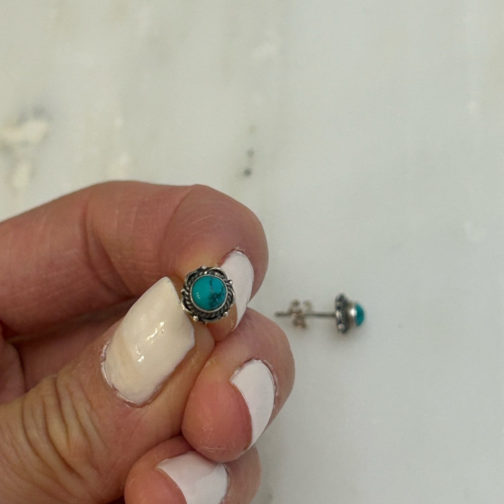 Turquoise Stone 925 Sterling Silver Stud Earrings - Picture 9 of 12